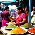 **Image:** A vibrant marketplace scene in Bangladesh. Focus on a vendor interacting with customers, showcasing strong communication skills. Include traditional Bengali clothing and elements of local culture. Highlight the importance of negotiation with subtle visual cues.
