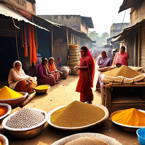 Home 7 **
Prompt: A bustling marketplace scene in Bangladesh. Vendors selling jute products, colorful sarees, and spices. A customs official inspects goods. Show both traditional and modern aspects of trade. Golden hour lighting.
**