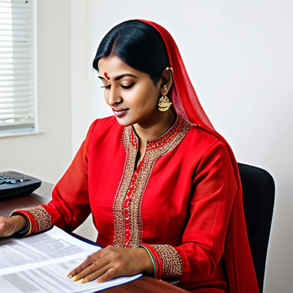 **
A professional Bangladeshi businesswoman in a modest, traditional salwar kameez, sitting at a desk in a bright, modern office. She is reviewing trade documents. Fully clothed, appropriate attire, safe for work. Perfect anatomy, natural proportions, professional. High quality.
**