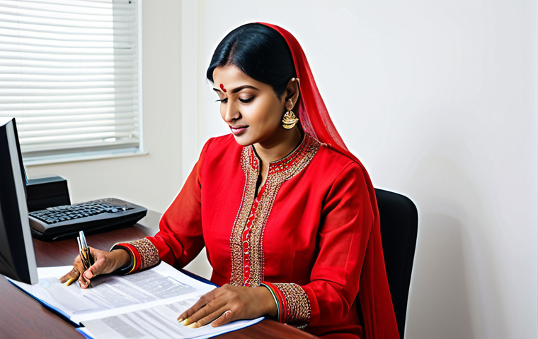 **

A professional Bangladeshi businesswoman in a modest, traditional salwar kameez, sitting at a desk in a bright, modern office. She is reviewing trade documents. Fully clothed, appropriate attire, safe for work. Perfect anatomy, natural proportions, professional. High quality.

**
