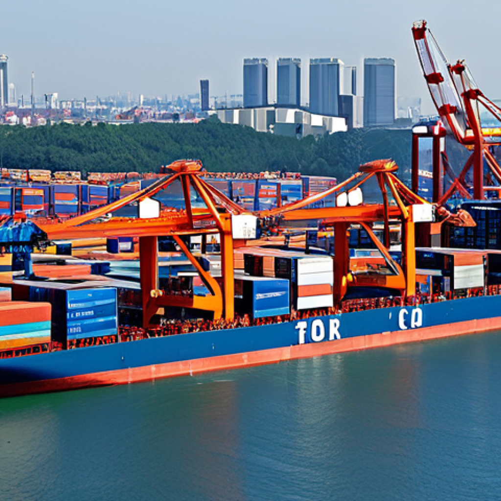 **
A bustling international port scene, showcasing cargo ships being loaded with containers. Cranes are lifting goods, and workers are moving about in a safe and organized manner. The background features a cityscape with modern buildings. The overall impression should be one of global commerce and logistical efficiency. Focus on clear details and a realistic depiction of the scene. fully clothed, appropriate content, safe for work, professional, high quality, perfect anatomy, correct proportions, natural pose, well-formed hands, proper finger count, natural body proportions.
**