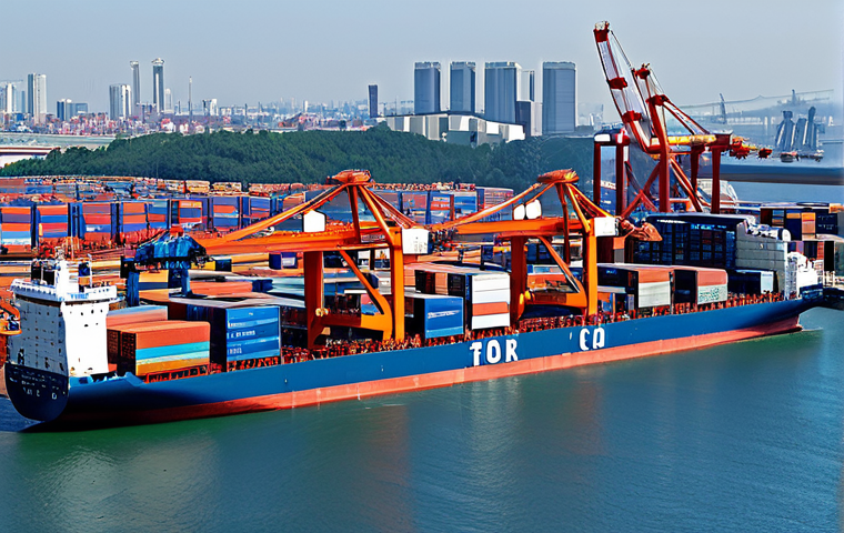 **

A bustling international port scene, showcasing cargo ships being loaded with containers. Cranes are lifting goods, and workers are moving about in a safe and organized manner. The background features a cityscape with modern buildings.  The overall impression should be one of global commerce and logistical efficiency. Focus on clear details and a realistic depiction of the scene. fully clothed, appropriate content, safe for work, professional, high quality, perfect anatomy, correct proportions, natural pose, well-formed hands, proper finger count, natural body proportions.

**