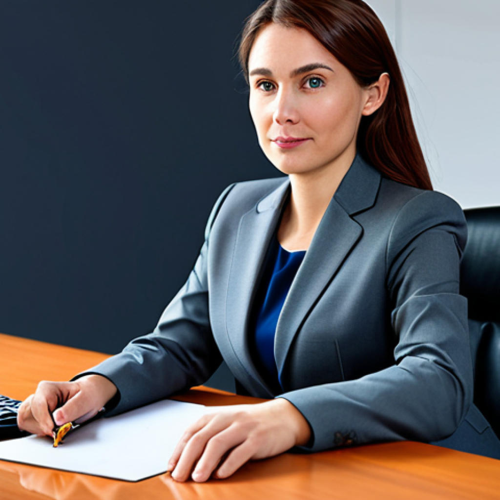 A professional businesswoman in a modest business suit, sitting at a desk in a modern office, fully clothed, appropriate attire, safe for work, perfect anatomy, natural proportions, professional photography, high quality.