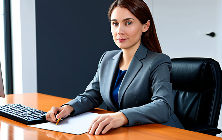 A professional businesswoman in a modest business suit, sitting at a desk in a modern office, fully clothed, appropriate attire, safe for work, perfect anatomy, natural proportions, professional photography, high quality.