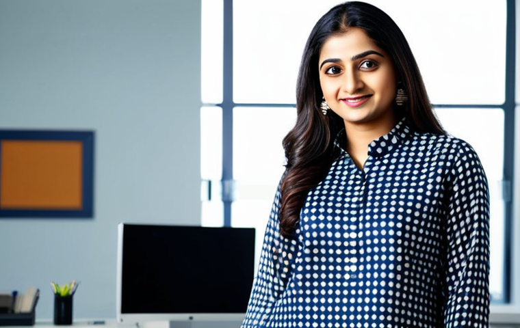 무역업계 이직 성공 전략 - **Prompt:** "A confident professional in a modest salwar kameez, standing in a modern office. Bright...