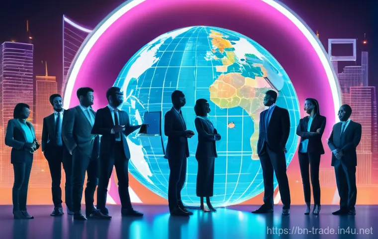 무역 전문가 커리어패스 - **Global Trade Harmony: A Digital Nexus**
    A wide, optimistic shot depicting a diverse group of m...