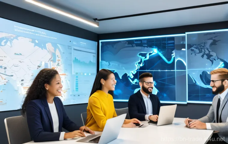 수출입 과정에서의 커뮤니케이션 방법 - **Digital Collaboration for Global Business:**
    A vibrant, well-lit modern office or co-working s...