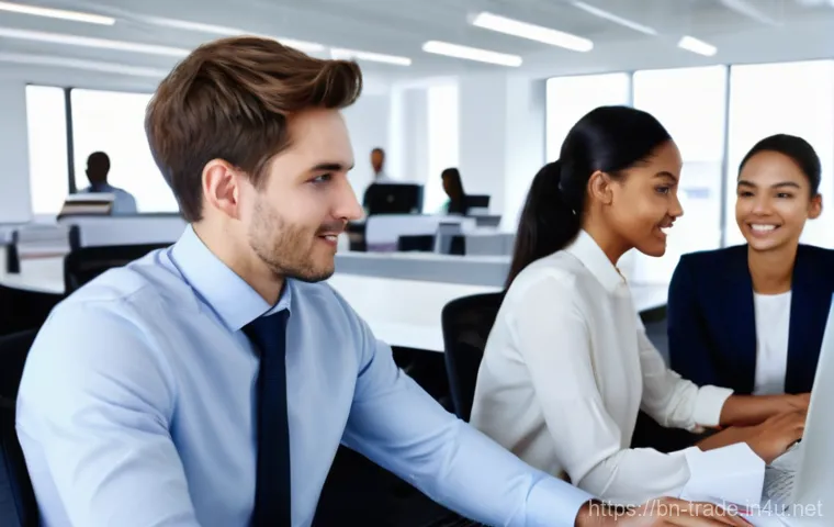 무역회사 인턴십 경험 공유 - **Prompt:** A diverse group of young professionals, including male and female interns, working colla...