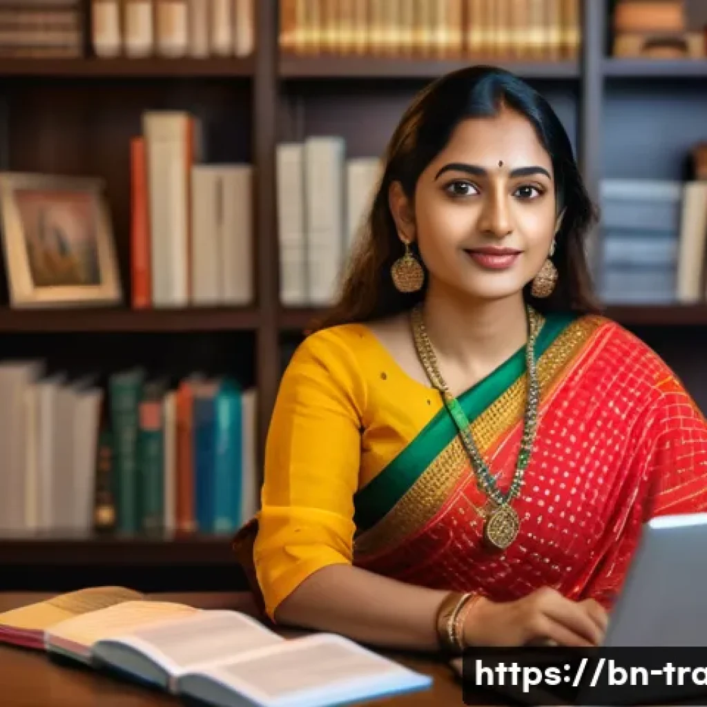 무역업계에서 승진하는 비결 - A professional Bengali businesswoman attending an online seminar on a laptop, surrounded by digital ...