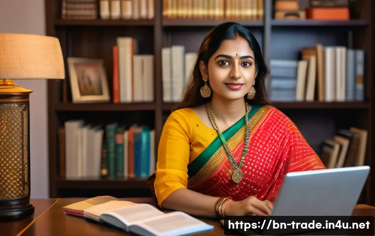 무역업계에서 승진하는 비결 - A professional Bengali businesswoman attending an online seminar on a laptop, surrounded by digital ...