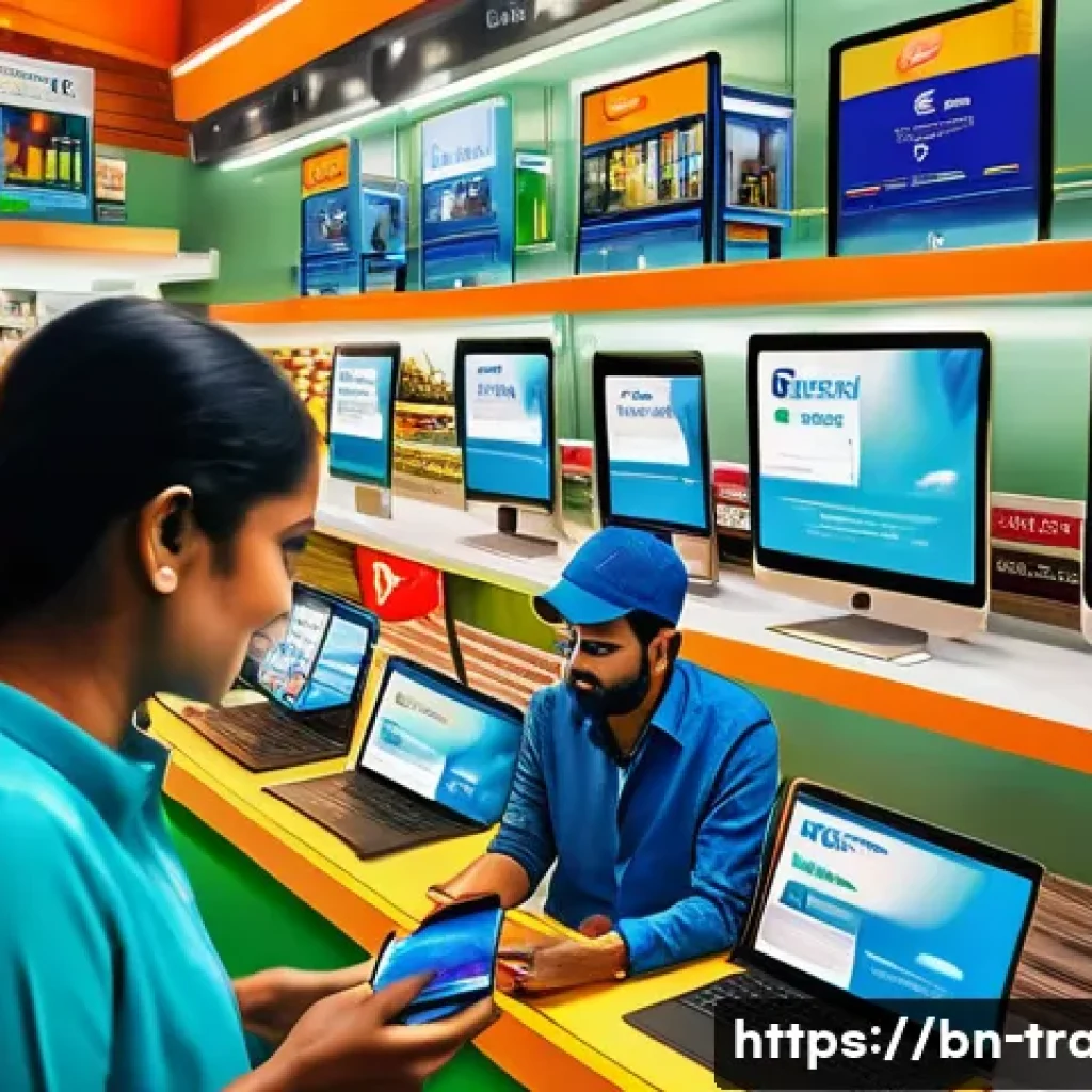 무역업계의 최신 뉴스와 트렌드 - A vibrant digital marketplace scene featuring diverse Bengali customers shopping on smartphones and ...