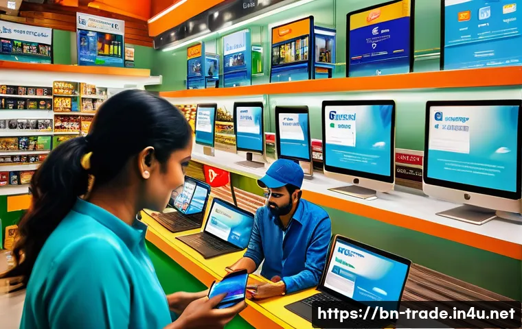 무역업계의 최신 뉴스와 트렌드 - A vibrant digital marketplace scene featuring diverse Bengali customers shopping on smartphones and ...