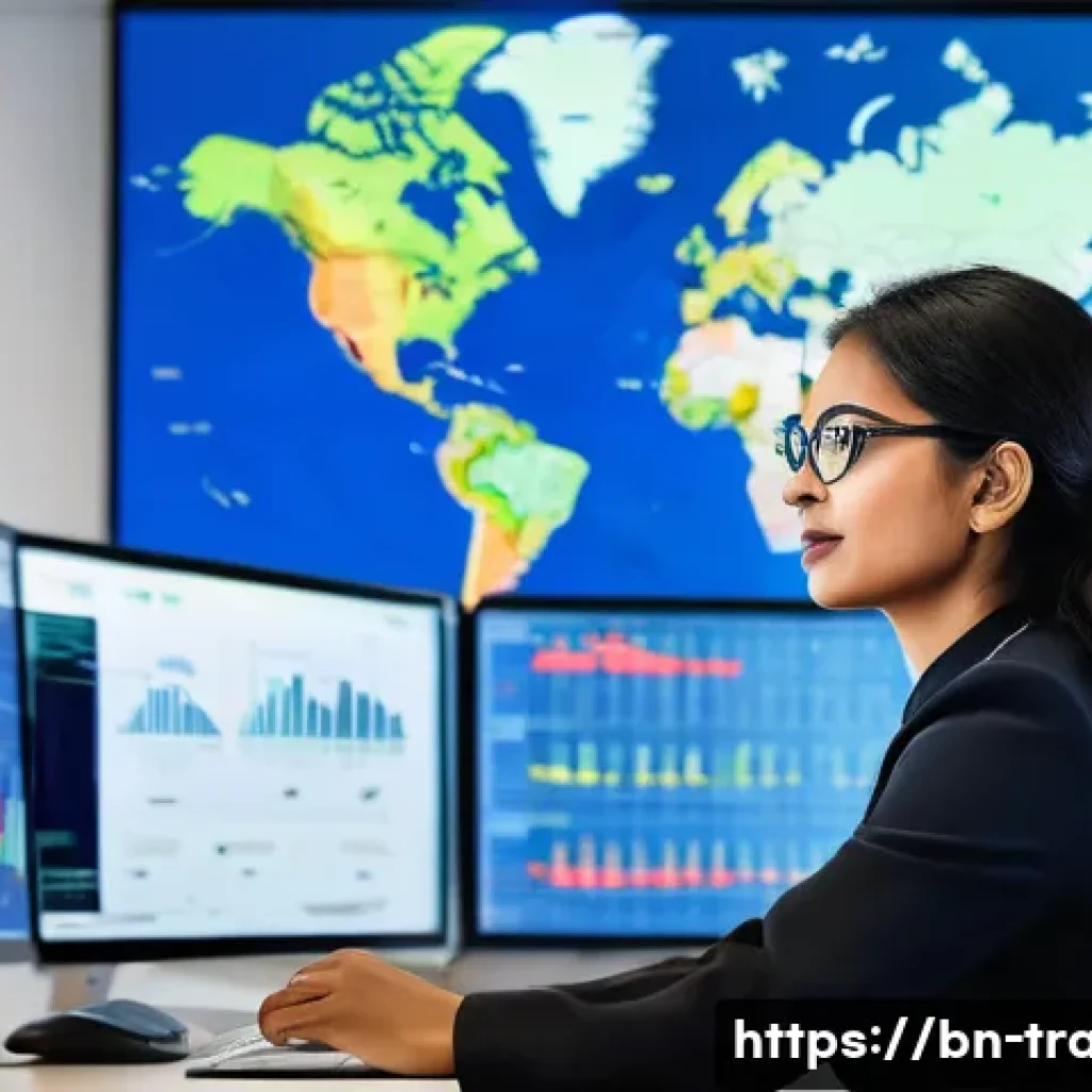국제무역사 자격증 취득 후 커리어 - A professional international trade expert working confidently at a modern office desk, surrounded by...