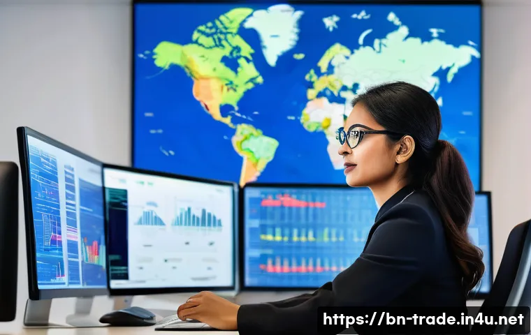 국제무역사 자격증 취득 후 커리어 - A professional international trade expert working confidently at a modern office desk, surrounded by...
