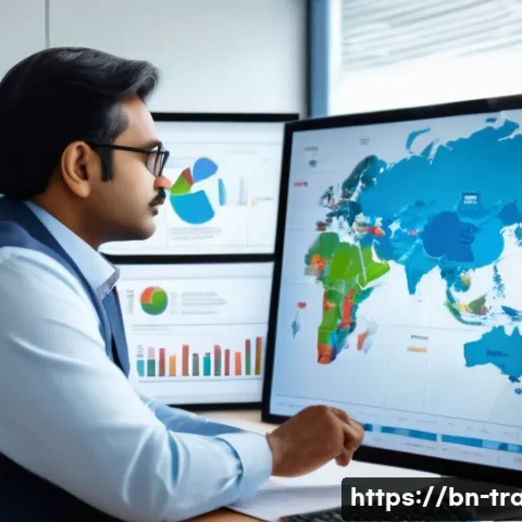 수출 마케팅에서 피해야 할 실수 - A professional Bengali businessman analyzing detailed international market research data on a large ...