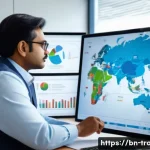 수출 마케팅에서 피해야 할 실수 - A professional Bengali businessman analyzing detailed international market research data on a large ...
