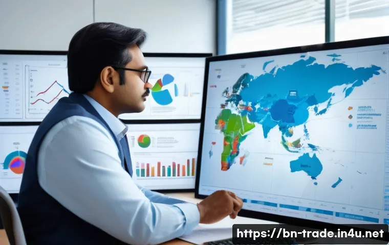 수출 마케팅에서 피해야 할 실수 - A professional Bengali businessman analyzing detailed international market research data on a large ...