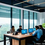 무역업계 스타트업 아이디어 - A modern startup office scene in Bangladesh featuring a diverse team of young professionals collabor...
