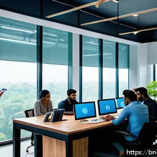 무역업계 스타트업 아이디어 - A modern startup office scene in Bangladesh featuring a diverse team of young professionals collabor...