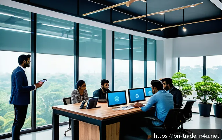 무역업계 스타트업 아이디어 - A modern startup office scene in Bangladesh featuring a diverse team of young professionals collabor...