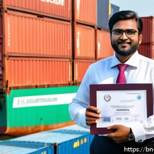 국제무역사 시험 후 자격증 활용법 - A professional Bengali man in formal business attire holding an international trade certificate, sta...