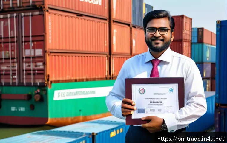 국제무역사 시험 후 자격증 활용법 - A professional Bengali man in formal business attire holding an international trade certificate, sta...
