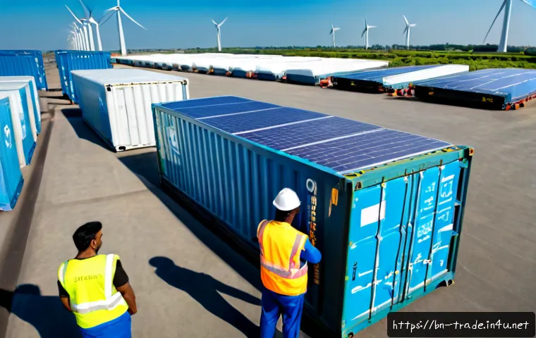 Home 17 무역업계에서의 지속 가능성 사례 - Photorealistic sustainable international trade scene at a modern seaport, diverse logistics professi...