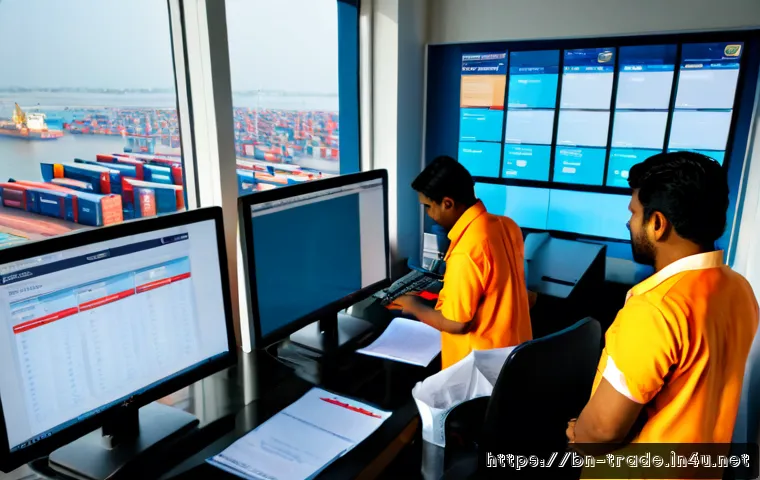무역 실무의 최적화 방안 - Photorealistic modern trade operations office in Bangladesh, diverse South Asian logistics team revi...